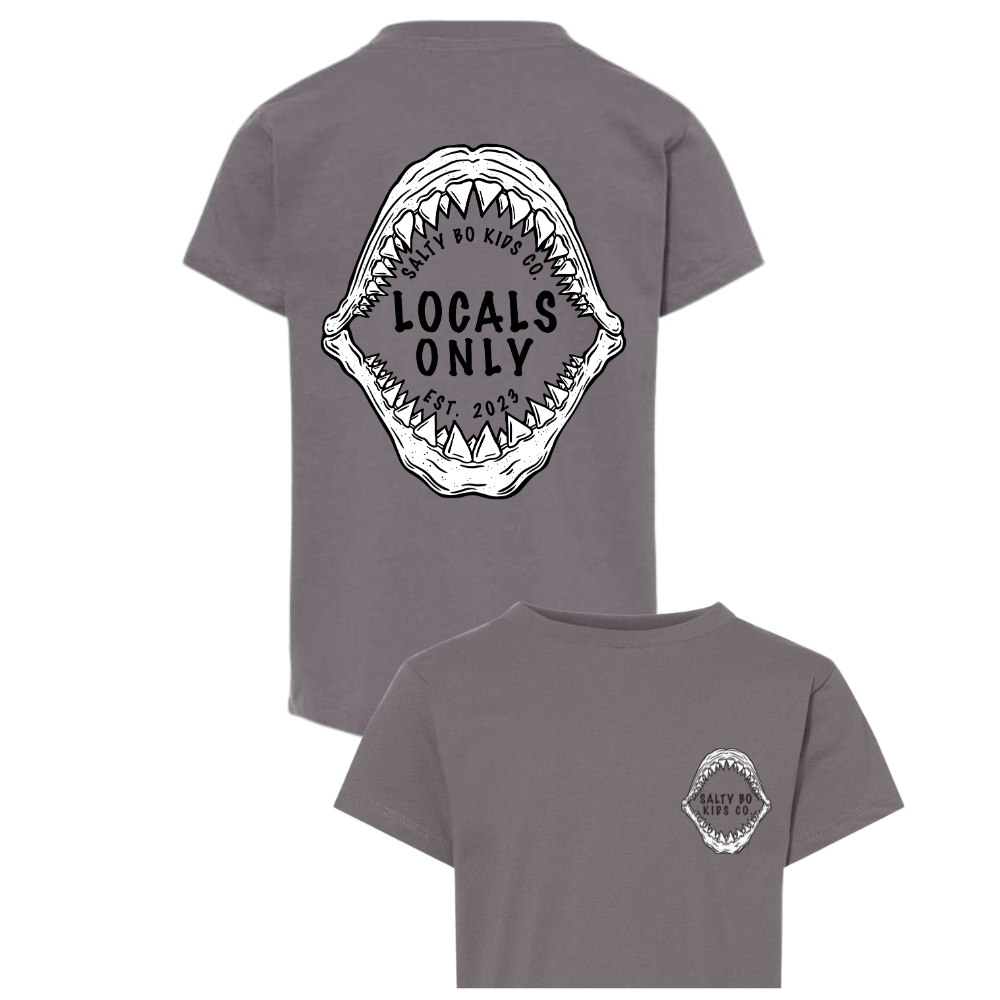 Gray Large Shark Jaw Open with "Locals Only" saying and the Salty Bo Kids Co. Logo